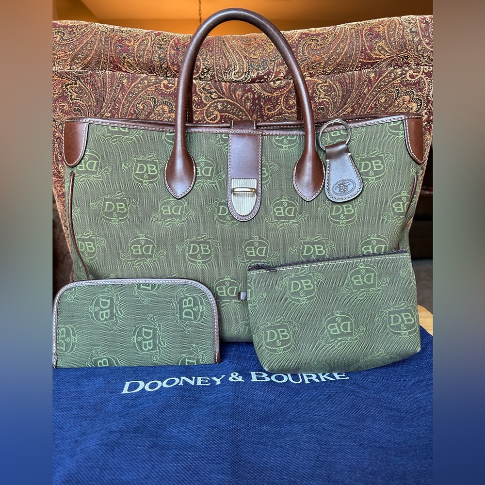 Dooney & Bourke Olive Green Signature Tote with Brown Leather Trim